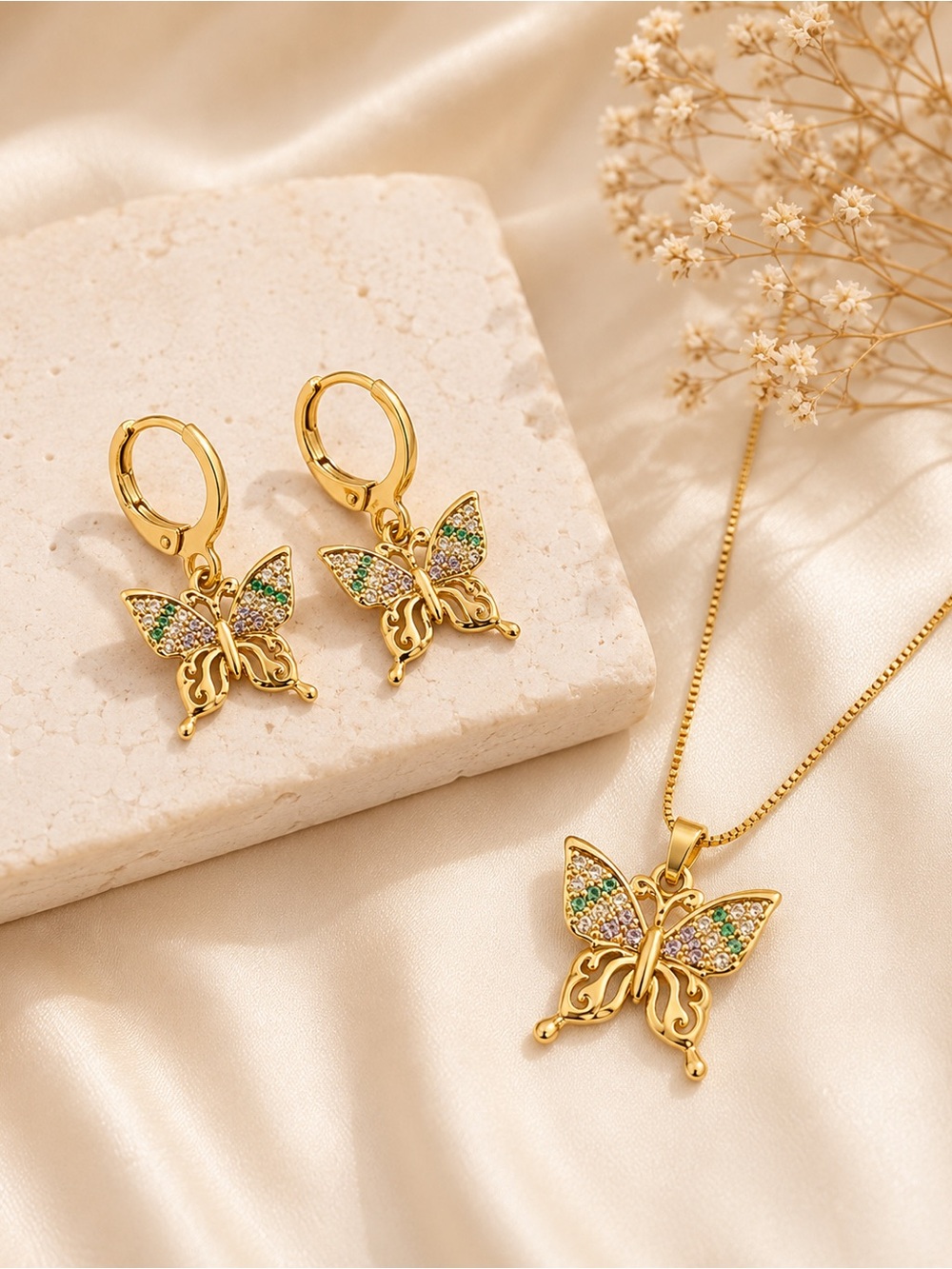 18k Gold Filled CZ Butterfly Earrings & Necklace S